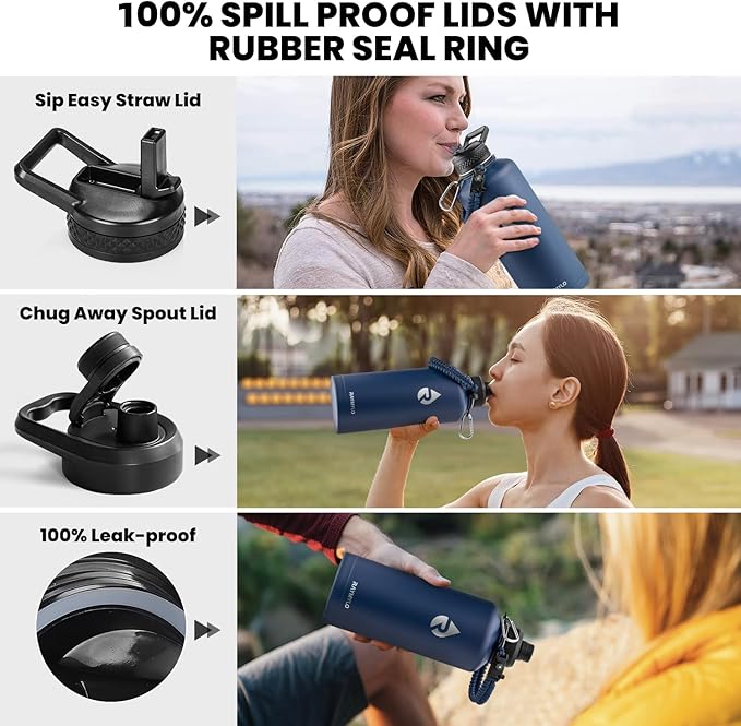 RAYMYLO Insulated Water Bottle 87 oz, Triple Wall Vacuum Stainless Steel (Cold for 48 Hrs), Leak Proof & Non-BPA, Modern Water Flask Jug with Paracord Handle & Straw Spout Lids, Navy Blue
