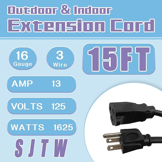 Indoor Outdoor Extension Cord 15 FT, 16/3 SJTW Weatherproof Black Electrical Cords, 13 AMP Heavy Duty 3 Prong Power Cable Great for Garden, Landscaping & Holiday Decorations