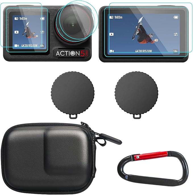 OSMO Action 5 Pro Accessories, PU Portable Mini Carrying Bag Case, Lens Screen Protectors (6 Pack) Comatible with DJI Osmo Action 5 Pro, Rubber Lens Cap Cover for DJI Action Camera