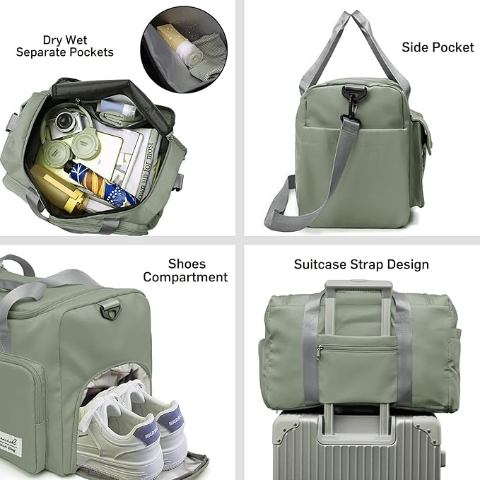 Suruid Travel Duffel Bag with Shoes Compartment Sports Gym Bag with Dry Wet Separated Pocket for Men and Women, Overnight Bag Weekender Bag Training Handbag Yoga Bag - Dark Green