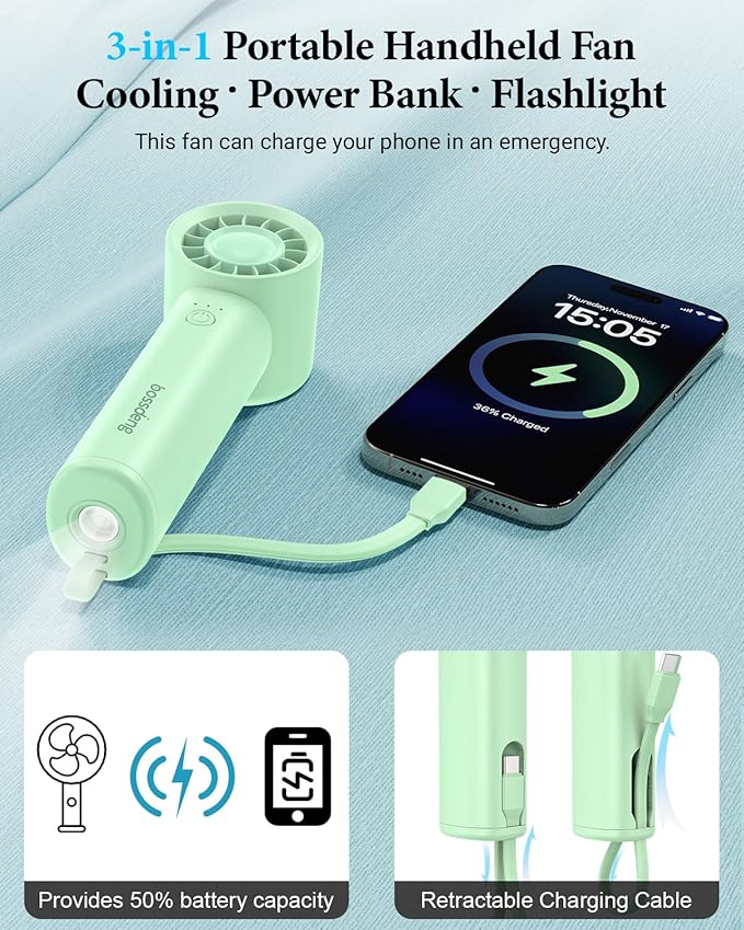 Portable Handheld Fan with Power Bank(High-Speed),3 IN 1 USB Rechargeable Mini Personal Fan with Flashlight,Small Size for Outdoor/Travel/Beach/Concerts/Summer.Gifts for Girl,Women.Green