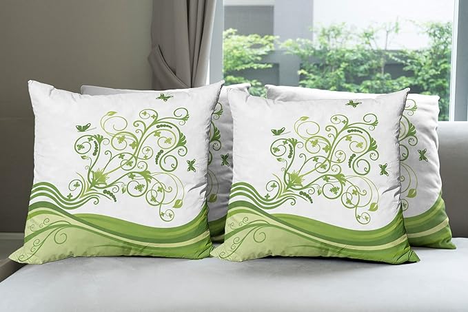 Ambesonne Vines Throw Pillow Cushion Case Pack of 4, Butterflies Leaves Flowers Colorful Nature Tones Print, Modern Accent Double-Sided Digital Printing, 20", Lime Green