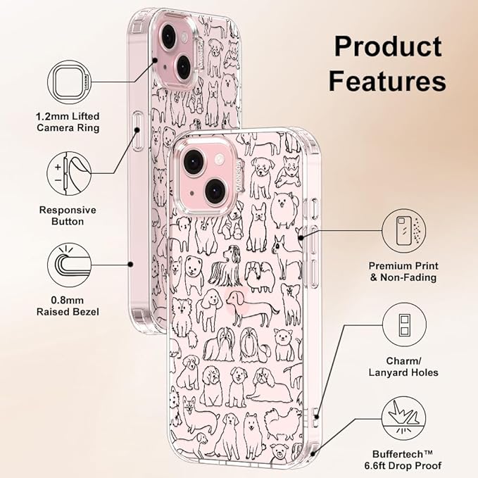 MOSNOVO Case for iPhone 15, [Buffertech 6.6ft Military-Grade Drop Protection] [Anti Peel Off Tech] Clear TPU Bumper Phone Case Cover Design - Doodle Dog