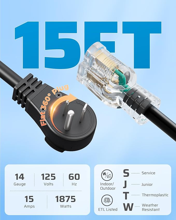 DEWENWILS 360° Rotating Flat Plug Extension Cord, 15FT Black Extension Cord, 3 Prong 14/3 Gauge Grounded Power Cord, Lighted Outlet, 125V/15A/1875W, STJW for Outdoor/Indoor, ETL Listed