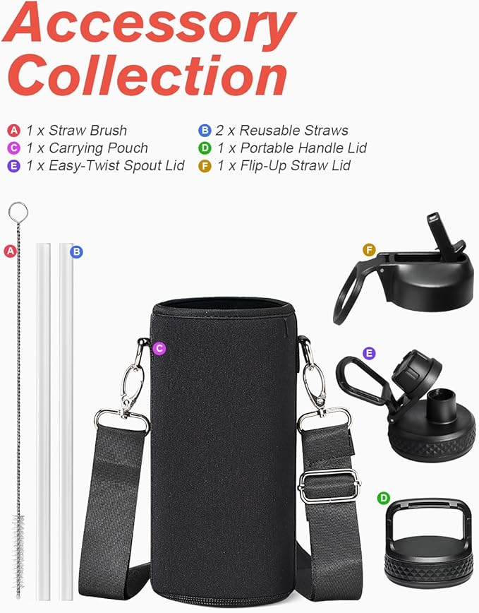 Coolflask Water Bottle 32 oz Insulated with Straw, Stainless Steel Metal 3 Lids Water Flask Wide Mouth for Sports or Office, Non-BPA Keep Cold Up to 48 Hrs or Hot Up to 24 Hrs, White