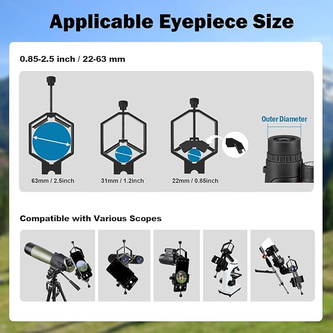 VANKEY 2-Axis Phone Scope Mount, Universal Spotting Scope Phone Adapter, Metal Telescope Mount for Binocular, Monocular, Microscope - Fits Max 2.5" Eyepiece Diameter, for iPhone Android Phones
