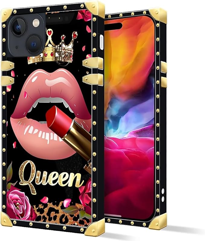 Compatible with iPhone 15 Case, Glitter Red Rose Queen Leopard Lipstick Luxury Golden Decoration for Girl Women Soft TPU Shockproof Protective Hard PC Back for iPhone 15