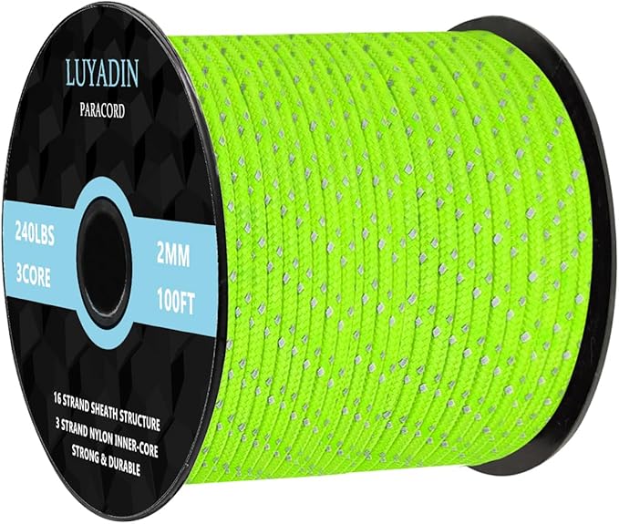 Reflective Paracord 240lb - Diameter 2mm Micro Utility Cord -3 Strand Parachute Spool Cord - 100ft 200ft,Paracord for Camping,Hiking,Fishing,Outdoor and DIY