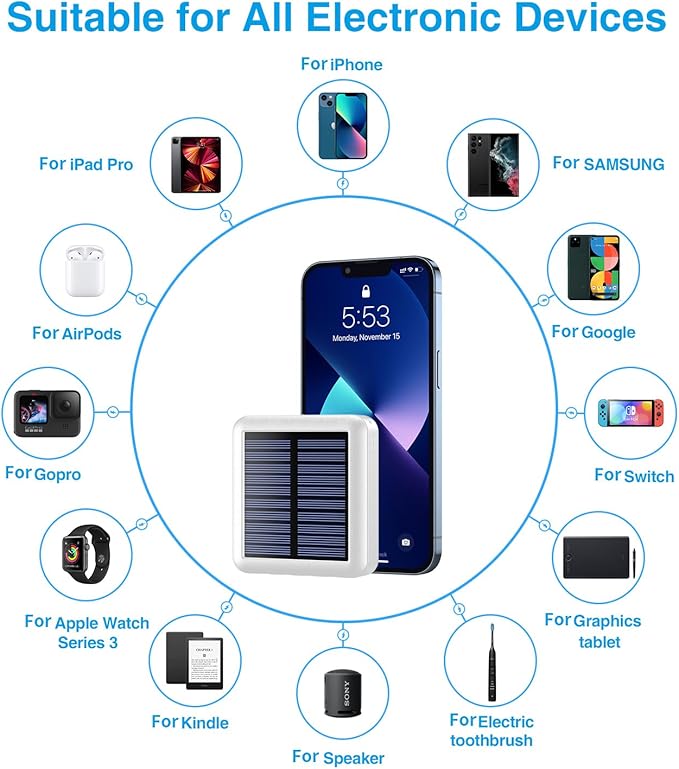 Solar Portable Charger 12000mAh, Small Solar Power Bank, USB C Input/Output External Battery with Built-in 4 Cables, Two-Hand Flashlight, Suitable for iPhone, Tablet Computers and Samsung