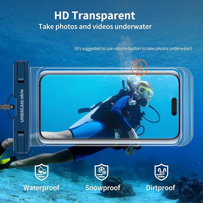 UNBREAKcable Waterproof Phone Pouch-2 Pack IPX8 Waterproof Phone Case for iPhone 16 15 14 13 12 11 Pro Max & Samsung S25 S24-Dry Bag & Travel Essentials for Beach, Pool, Kayak & Cruise-7" Black+Blue