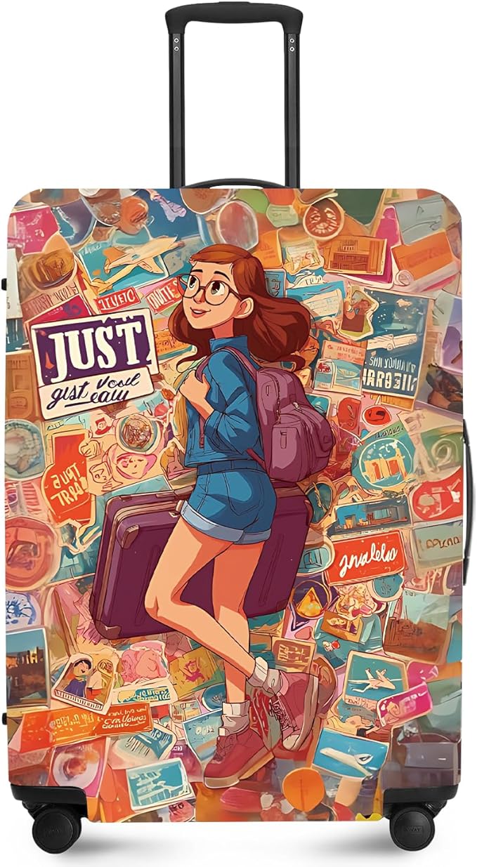 ANNA QUEEN Vintage Travel Stickers Gir Luggage Cover -Stretchable Airplane Suitcase Protector Sleeve,Universal Washable Fit for 20-22 Inch Checked Baggage,Water Resistant Durable Luggage Protector