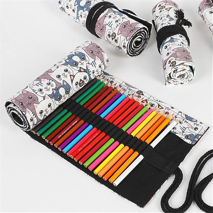 Funny live 24/36/48/72 Slots Colored Pencil Wrap Roll up Pen Holder Case Drawing Coloring Pencil Roll Organizer Stationery Case for Student Artist Traveler (Big-Head Cats, 24 Slots)