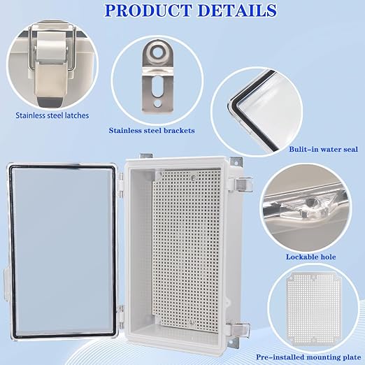 Waterproof Electrical Box with Mounting Plate, IP67 Junction Box Stainless Steel Latch Hinged Clear Cover Project Enclosure with Wall Bracket and 2 Glands 10.2" x 6.3" x 3.9"