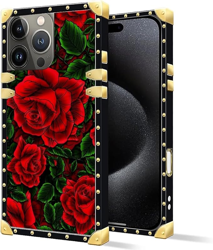 Compatible with iPhone 16 Pro Max Case, Vector Red Rose Green Leaf Luxury Golden Decoration for Girl Women Soft TPU Shockproof Protective Hard PC Back