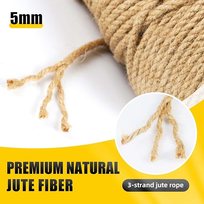 Natural Jute Twine, 5MM x 328FT Jute Rope Roll, Heavy Duty Thick Twine for Cat Scratching Post, Bundling, Gardening and DIY Crafts
