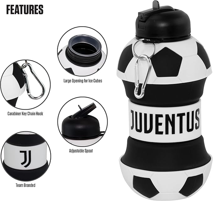 Maccabi ART Juventus Clip-On Collapsible 1 Liter, 34 oz. size BPA-Free Silicone Soccer Large Water Bottle