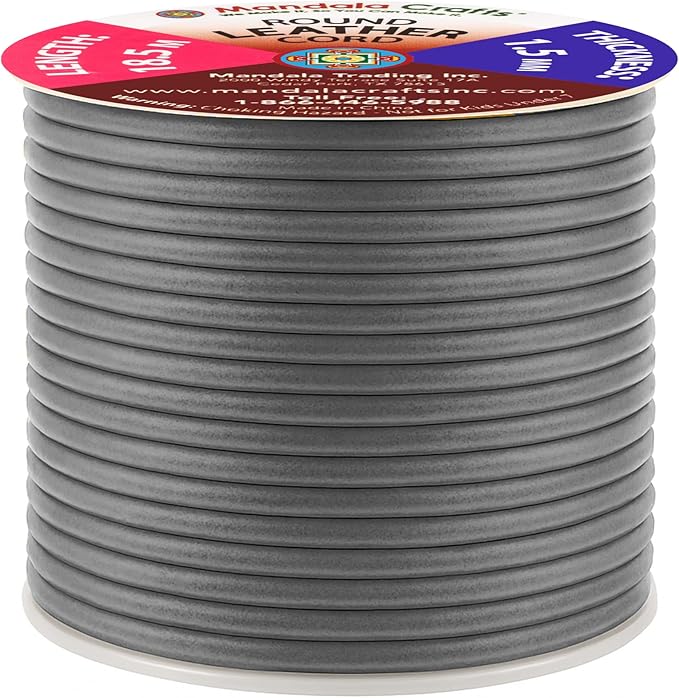 Mandala Crafts Round Cowhide Genuine Gray Leather Cord for Jewelry Making Kumihimo Leather Rope Spool - Gray 20 Yds 1.5mm Cording