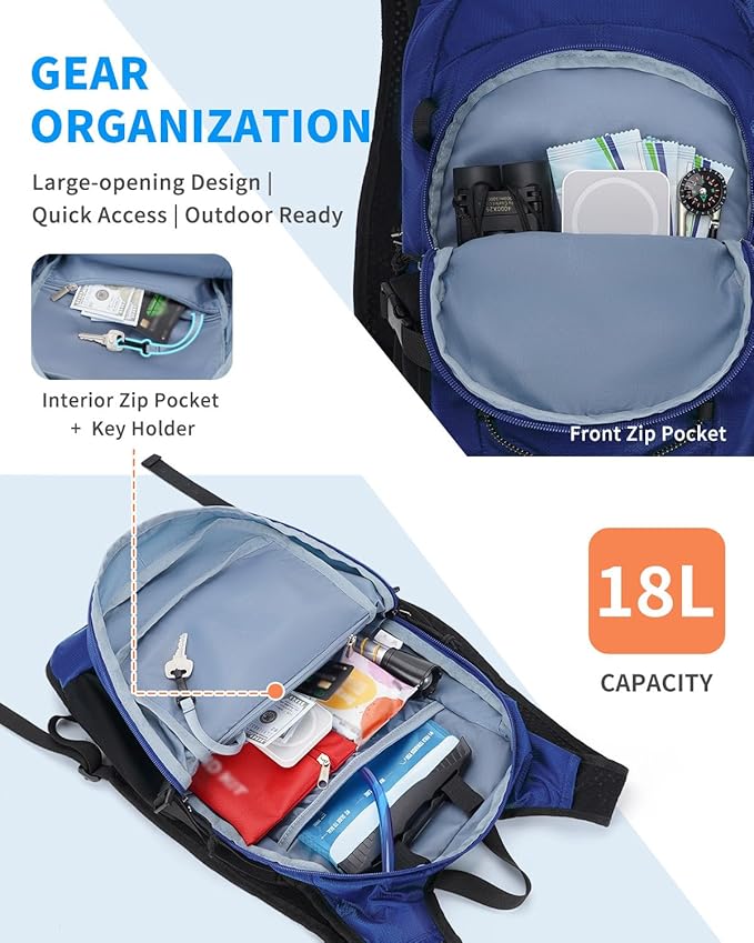 Blue Quartz Hydration Backpack with 2L Water Bladder, 18L Hiking Backpack for Women Men, Lightweight Water Pack with Phone Pocket for Quick Access, Hydration Pack for Cycling, Running, Biking