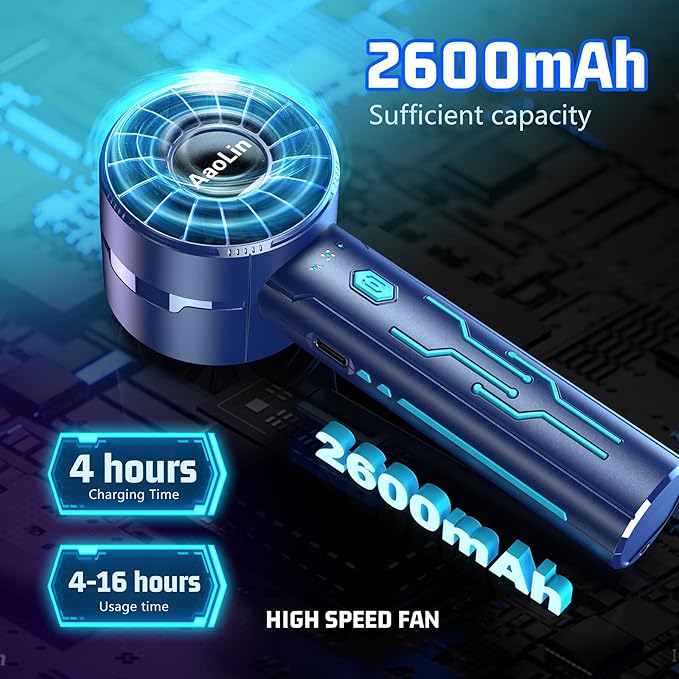 2pcs portable handheld fan personal fan portable neck fan small rechargeable fan usb mini small fan high speed motor lasts 4-16 hours 4-speed lanyard fan for summer outdoor travel children (G2-Blue)