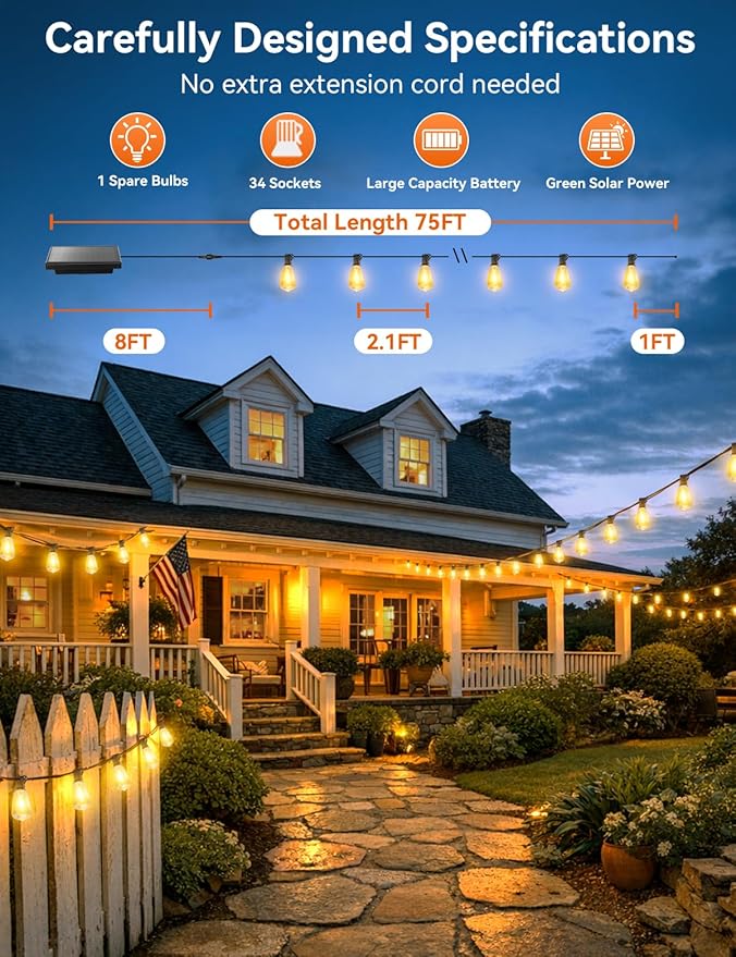 Brightever 75FT Solar String Lights Outdoor Waterproof with Remote, 34+1 Shatterproof ST38 LED Bulbs, 3 Lighting Modes & Warm White, Dimmable Outdoor Solar Lights for Backyard, Bistro, Deck