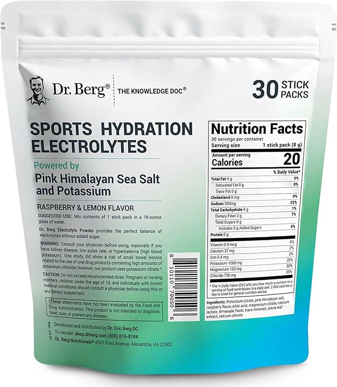 Dr. Berg Sports Hydration Electrolytes Powder w/More Salt (Pink Himalayan) - 30 Keto Electrolytes Powder Packets w/a Delicious Salty Raspberry & Lemon Flavor - Includes 1,000mg of Potassium
