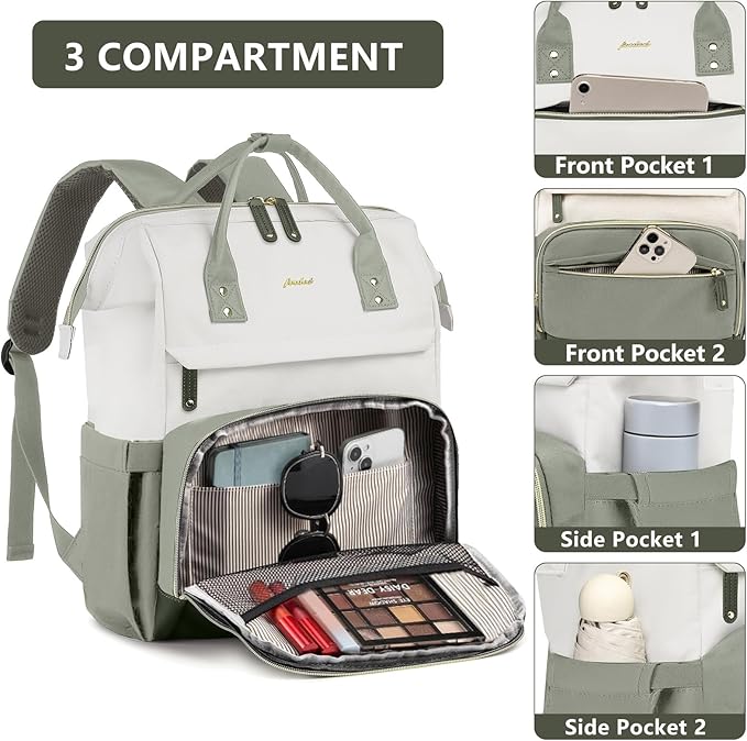 Focdod Laptop Backpack for Women Work Bag - 15.6 Inch Professional Womens Travel Backpack Purse Computer Laptop Bookbag Nurse Teacher Backpacks Waterproof Carry on Back Pack Beige Light Green