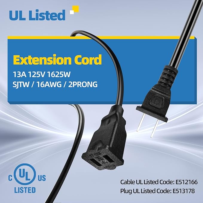 UL Listed Outdoor Extension Cord 2 Prong 15 FT SJTW 16/2 Gauge 13A 125V 1625W, Black Outdoor Extension Cord Waterproof, Flame & Cold Retardant,Water & Weather Resistant