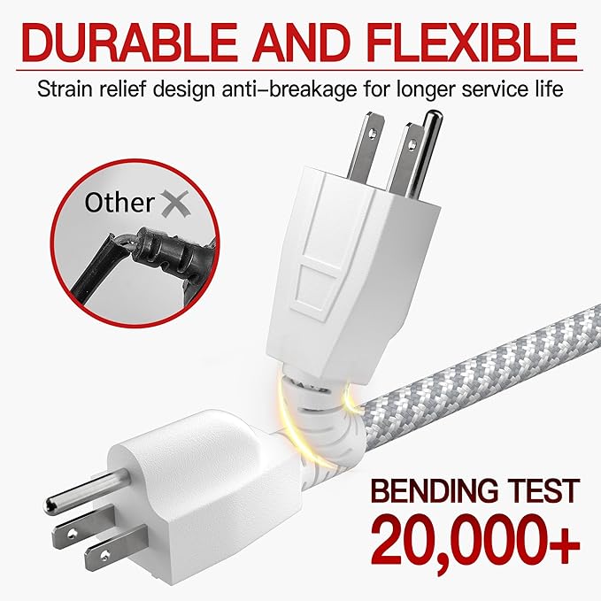 16/3 Braided Extension Cord 20 FT, Braided Extension Cord Flexible & Durable, Indoor 3 Prong Power Cable, Suitable for Home and Office, 13 Amp 1625 Watt 125VAC 16AWG, ETL Listed
