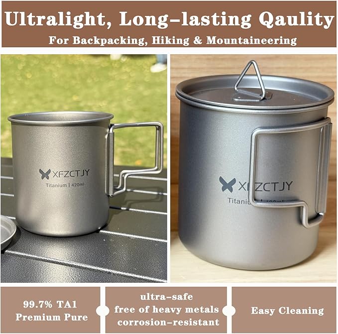 420ml Ultralight Titanium Tea Cup Coffee Mug With Lid Foldable Handle for Backpacking, Hiking Mountaineering