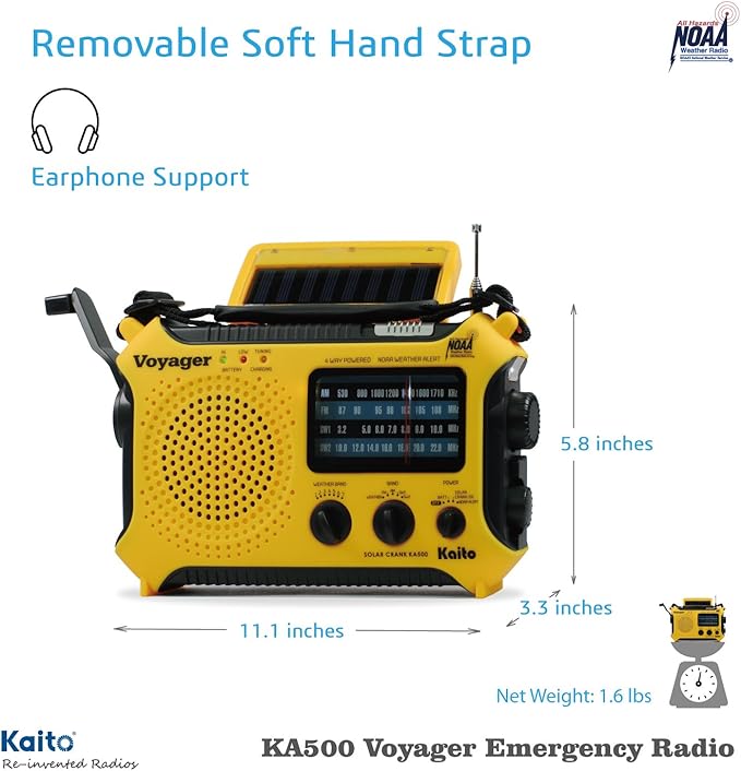 Kaito KA500 5-way Powered Solar Power,Dynamo Crank, Wind Up Emergency AM/FM/SW/NOAA Weather Alert Radio with Flashlight,Reading Lamp and Cellphone Charger, Yellow