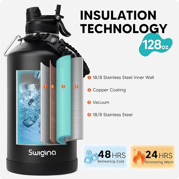 Swigina [2-IN-1 LID] Gallon Insulated Water Bottle with Silicone Boot (48hrs Cold/24hrs Hot) - DIY Stickers, Leakproof, BPA Free, 128 oz
