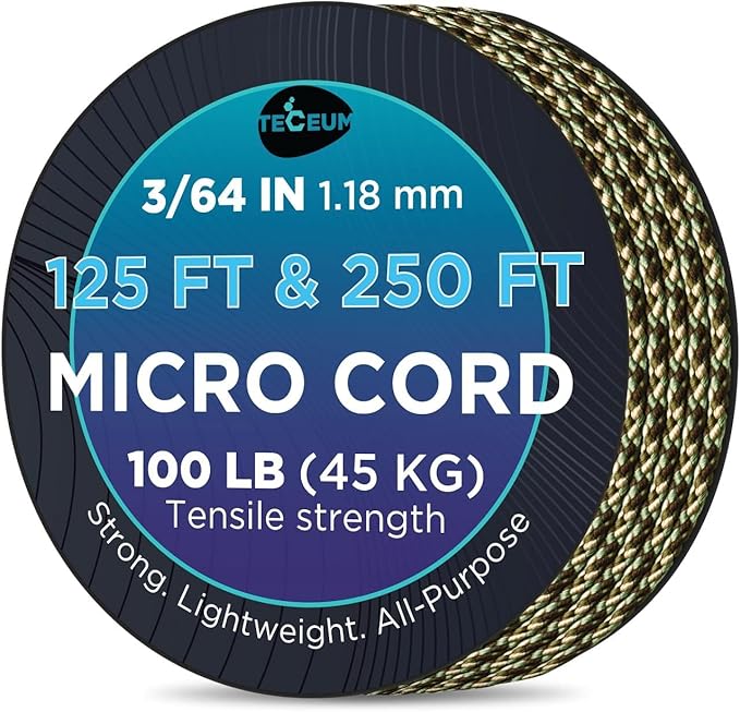 TECEUM Micro Paracord – 1.18 mm X 125 ft – Micro Utility Cord – Thin Braided Paracord Rope – Best for Crafting, DIY Projects, Fishing, Camping – Wind Chime Replacement – Survival Strong String