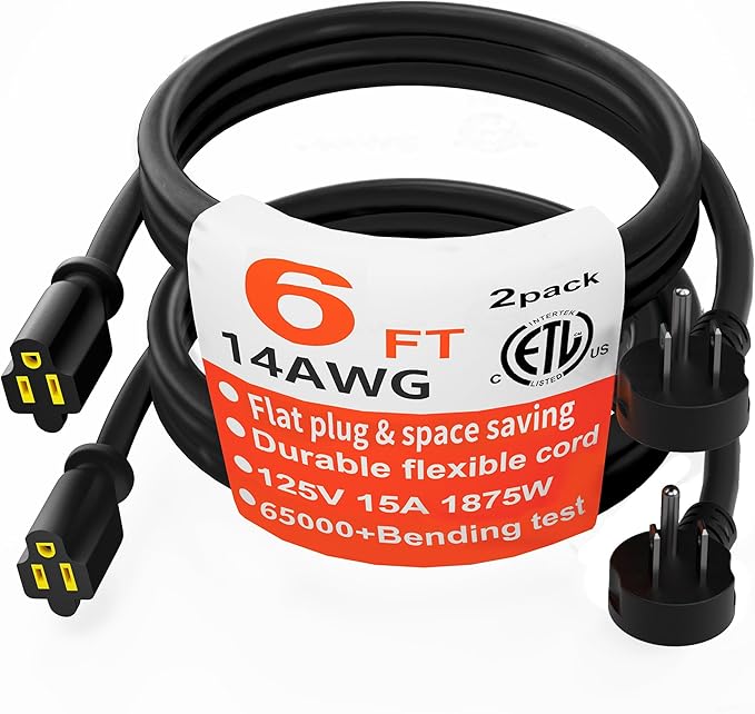 HUANCHAIN 14 Gauge 6 Feet (2 Pack) Flat Plug Extension Cord Black Indoor Outdoor, Heavy Duty 3 Prong Grounded Low Profile Extension Wire Flexible, 15A 1875W 125V 14AWG SJTW, ETL Listed
