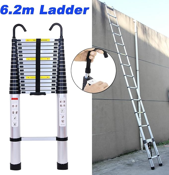 Extension Ladder 20.34 FT Telescoping Ladder with 2 Detachable Hooks & Rubber Feet Aluminum Multi-Purpose Extend Folding Step Ladders Extendable Loft Ladder 330lbs Capacity for Household Daily 6.2M