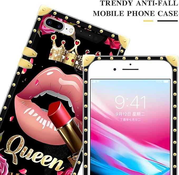 Compatible with iPhone 8 7 SE Case, Glitter Red Rose Queen Leopard Lipstick Luxury Golden Decoration for Girl Women Soft TPU Shockproof Protective Hard PC Back for iPhone 8 7 SE