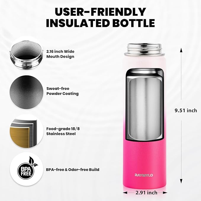 RAYMYLO Insulated Water Bottle 20 oz, Triple Wall Vacuum Stainless Steel (Cold for 24Hrs, Hot for 12Hrs), Leak Proof & Non-BPA, Kids Water Bottle Jug for School with Straw Spout Lids