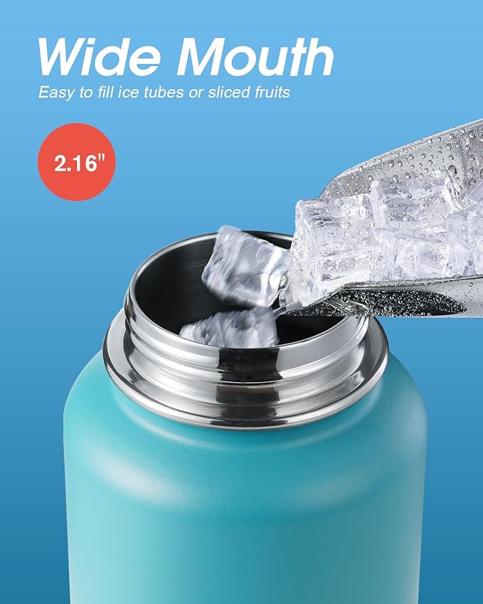 Coolflask Water Bottle 40 oz Insulated with Straw, Stainless Steel Metal 3 Lids Water Flask for Sports or Office, Keep Cold 48H Hot 24H, Indigo Blue