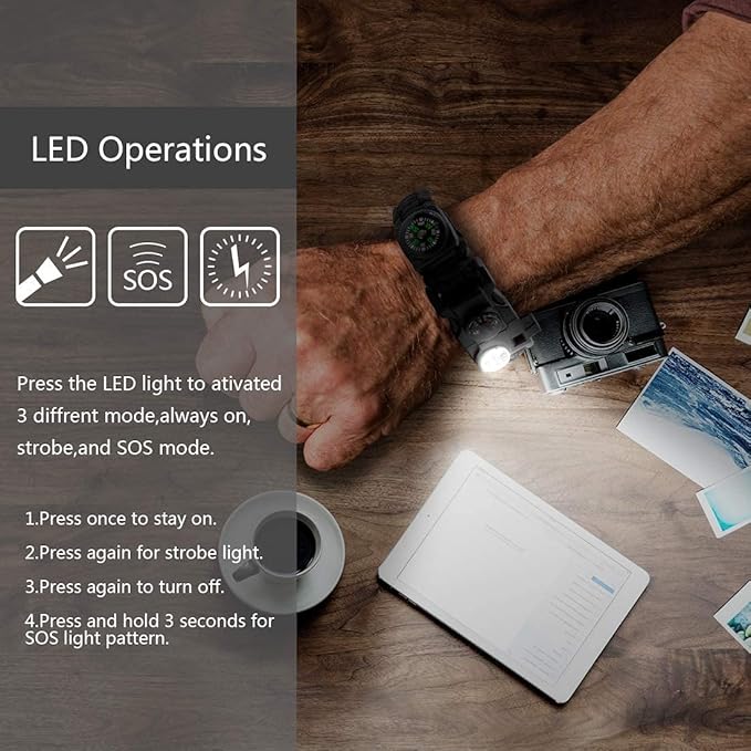 20 in 1 Survival Paracord Bracelet Adjustable Gear Kit with SOS LED Light, Fire Starter, Bigger Compass, Survival Whistle, Perfect for Camping, Hiking, Fishing