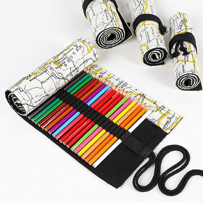 Funny live 24/36/48/72 Slots Colored Pencil Wrap Roll up Pen Holder Case Drawing Coloring Pencil Roll Organizer Stationery Case for Student Artist Traveler (Map, 36 Slots)