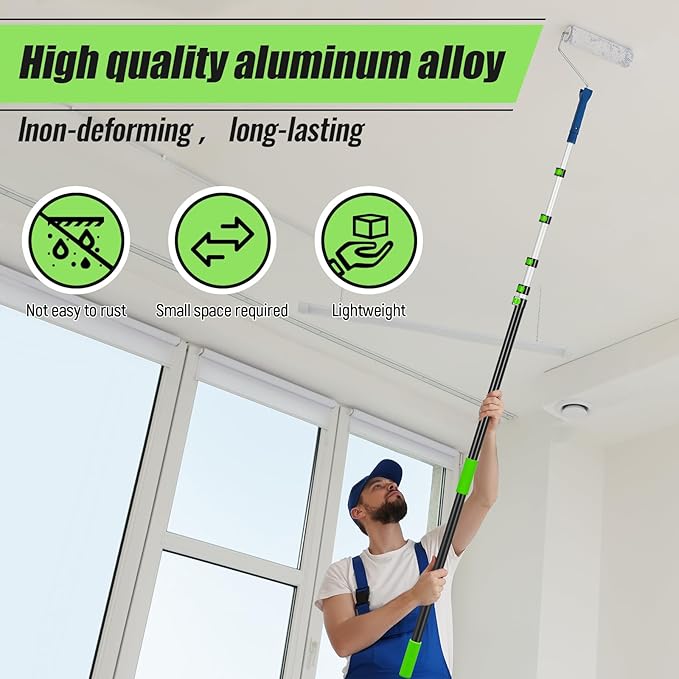 7-36 ft Telescopic Extension Pole with Utility Hook, Multi-Purpose Aluminum Pole for Painting, Dusting and New Year Window Cleaning Christmas Lights Installation Without a Ladder(Green)
