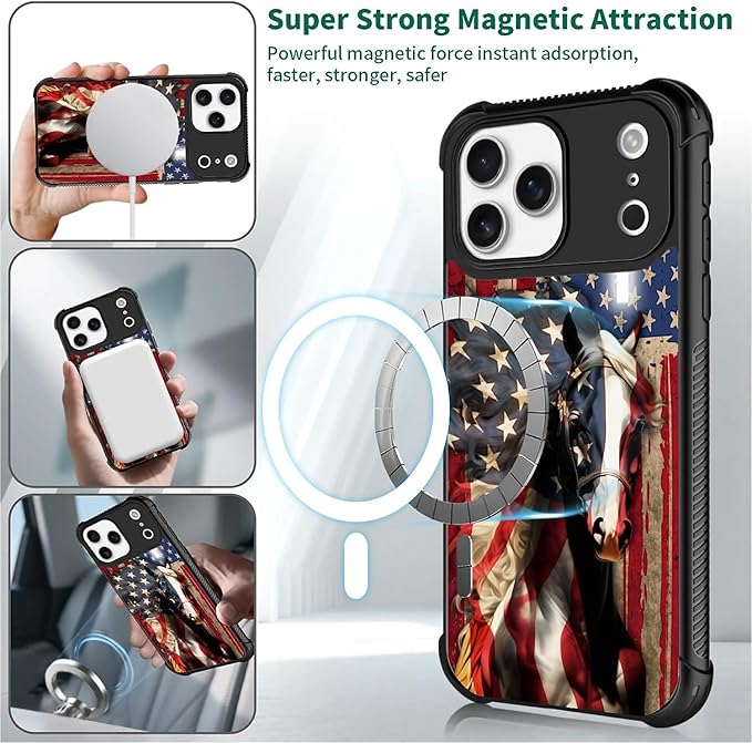 for iPhone 17 Pro Max Case,for MagSafe Graphic Design for Girl Boy Soft Silicone Hard Acrylic Shock Protection Designed for iPhone 17 Pro Max Red American Flag Horse Cross Pattern