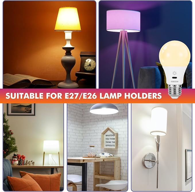 LED Rechargeable Light Bulbs With Remote ＆ Touch Dimmable, E26 Battery Operated Light Bulb for Lamps, RGB 12 Colors, 2600mAh USB battery backup Light Bulb With Timer, A19 Small Light Bulbs 2 Pack