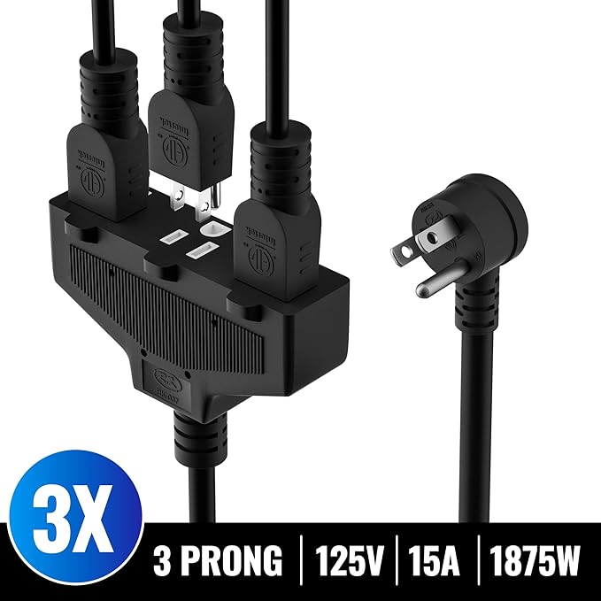 Outdoor Extension Cord 6 Ft with 3 Outlets, 14/3 SJTW 3 Prong Grounded Power Cord, 14 Gauge 14AWG Heavy Duty Power Cable, ETL Listed, 15 Amp 125 V 1875 W-Multiple Outlets for Indoor/Outdoor-Black