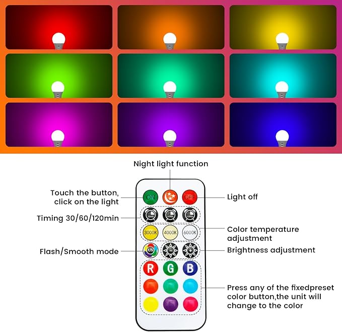 LED Rechargeable Light Bulbs With Remote ＆ Touch Dimmable, E26 Battery Operated Light Bulb for Lamps, RGB 12 Colors, 2600mAh USB battery backup Light Bulb With Timer, A19 Small Light Bulbs 2 Pack