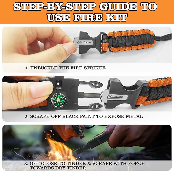 Paracord Survival Bracelet (3 Pack) - Adjustable with Fire Starter, Whistle, Compass - Survival Gear for Hiking, Camping, Fishing, Gifts for Men Dad Husband