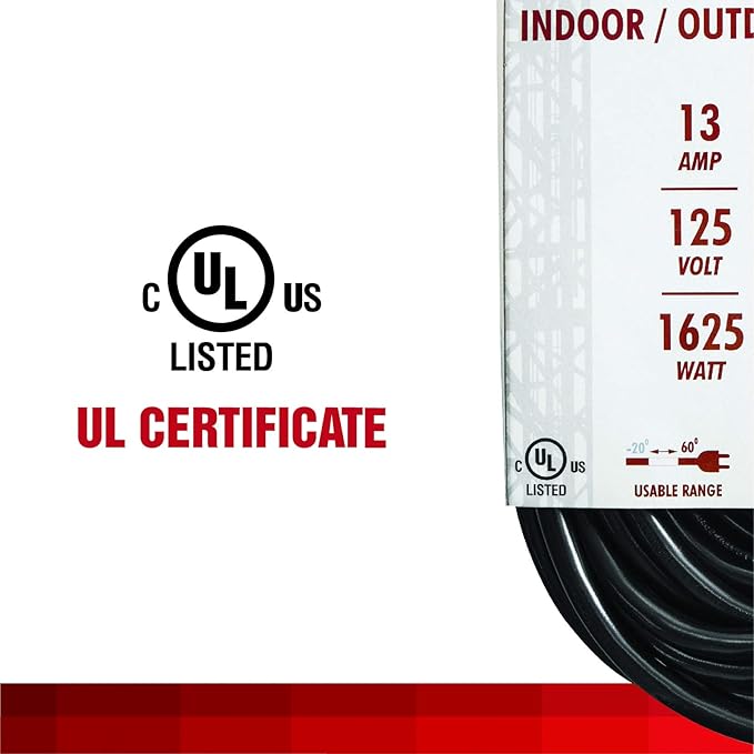 25 Ft Black Extension Cord 3 Prong, Weather-Resistant 16/3 SJTW, 1625 Watt, 13 AMP Rating with UL Listed for Indoor and Outdoor Uses