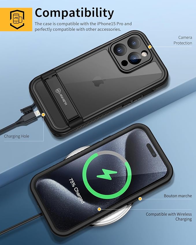 Lanhiem for iPhone 15 Pro Case with Kickstand, IP68 Waterproof Dustproof Case Built-in Screen Protector, Full Body Heavy Duty Shockproof Phone Cover for iPhone 15 Pro, 6.1 Inch (Black)