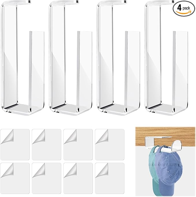 4 Pack Acrylic Hat Organizer for Baseball Caps, Clear Sticky Hat Rack for Wall with 8Pcs Strong Adhesive, Multi-purpose Wall Mounted Hat Hooks, Sturdy Hat Holder for Door & Closet