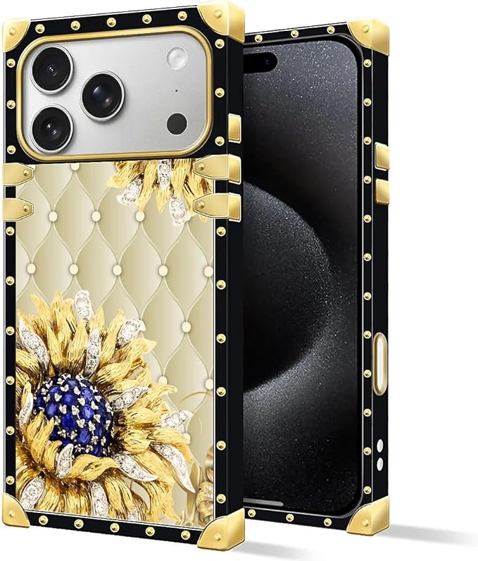 for iPhone 17 Pro Case Luxury Golden Decoration for Girl Women Soft TPU Shockproof Protective Hard PC Back for iPhone 17 Pro Crazy Pattern Sunflower Diamonds Leather