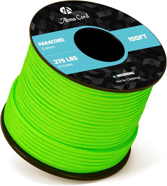 Abma Cord 2.4mm Paracord 275 100ft Nylon Rope 4 Strands Tactical Parachute Cord - Max. 275lbs - Neon Green